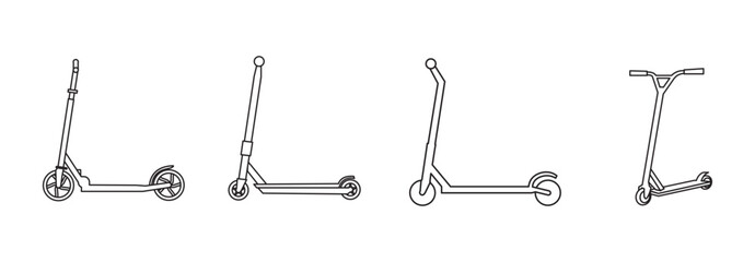 Icon set of push scooter, icon flat of kick scooter or balance bike. Flat push scooter isolated on white. Vector illustration. Eco transport symbol. Healthy journey. Ecology. Go green. Hipster.