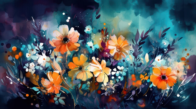 Floral painting illustration on dark background. Generative AI