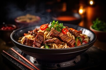 Fototapeta premium asian noodles with beef. Generative ai