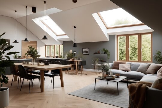 a modern living room with skylights. Generative ai