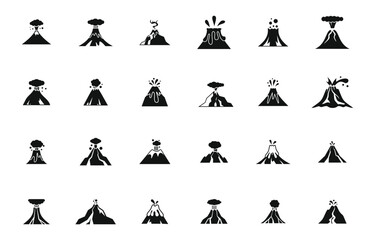 Volcanic eruption icons set simple vector. Active volcano. Danger crater