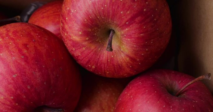 段ボールに入った赤いリンゴをゆっくり遠ざかる4K動画
