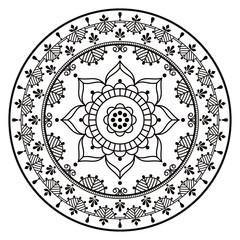 Scandinavian mandala with flowers and leaves vector embroidery folk art style - perfect for greeting card or wedding invitation in black and white
