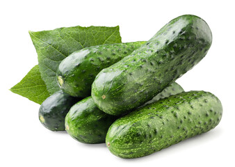 Heap of cucumbers with leaves close-up on a white background. Isolated