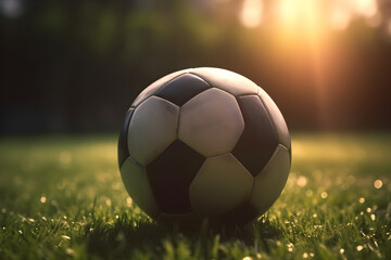 Fototapeta premium A soccer ball is lying on a green field. Backlight. The concept of a sports lifestyle. Generated by AI.