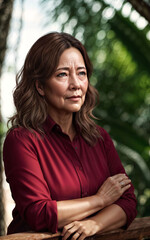 beautiful middle aged old lady woman at house with fresh green plant in background, generative AI