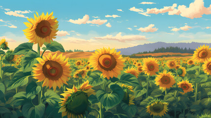 Fototapeta premium 青空に輝くひまわり畑 No.023 | Sunflower Field Glowing Under the Blue Sky Generative AI