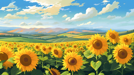 Obraz premium 青空に輝くひまわり畑 No.033 | Sunflower Field Glowing Under the Blue Sky Generative AI
