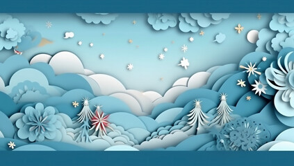 blue winter greeting tree origami snowflakes art paper christmas background merry. Generative AI.