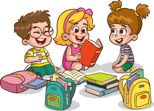 cute kids reading together vector
