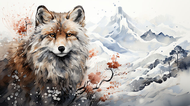 A painting of a wolf in the snow. Generative AI.