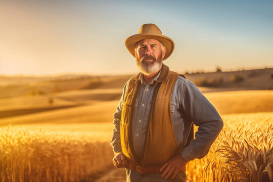 A farmer standing proudly in a golden wheat field, and a vibrant blue sky, symbolizing the hard work and abundance of the agricultural industry. Generative Ai