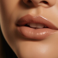  Beautiful woman shiny and wet lips with fashion biege lipstick makeup. Cosmetic concept. Beauty lip visage. Open mouth with white teeth. Closeup view