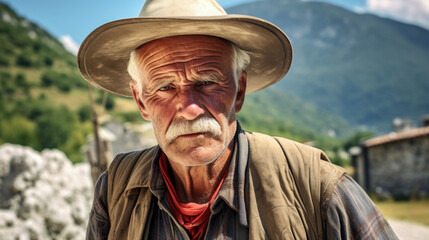 Fototapeta premium A dignified Albanian man in traditional attire, embodying the depth of experience and cultural richness of Albania. AI generated