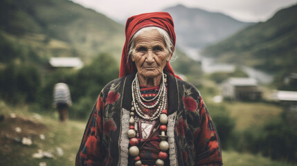 A resilient Albanian senior woman with mountains as her backdrop, embodying strength and connection to the natural beauty of Albania. AI generated