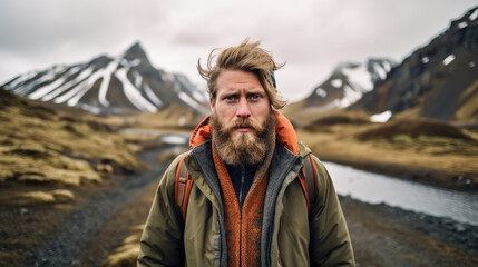 An adventurous Icelandic man amidst the stunning Icelandic landscapes, embodying the fearless spirit and deep connection to nature. AI generated