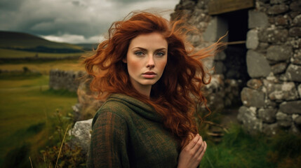 An enchanting Irish woman with fiery red hair, exuding elegance and charm, capturing the essence of the vibrant Irish culture. AI generated - obrazy, fototapety, plakaty