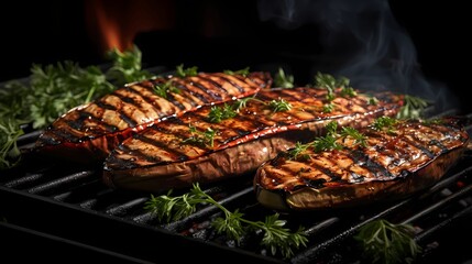 Delicious Grilled meat . Beef steaks on board Ai Generative Image 