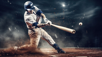 Baseball player hitting a ball in action. Generative AI - obrazy, fototapety, plakaty