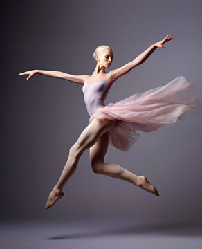 Ballerina jumping over studio background. Modern ballet dancer in pointe shoes. Generative AI