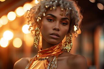 Naklejka na ściany i meble attractive young woman in golden shiny jewelry. Generative AI