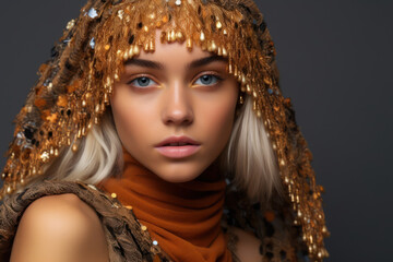 attractive young woman in golden shiny jewelry. Generative AI