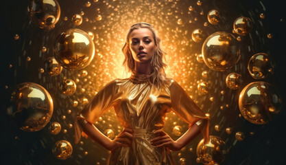 woman in golden dress against the background of golden abstract spheres. Generative ai