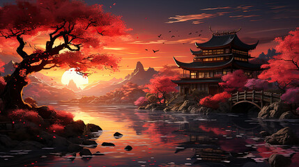 A painting of a sunset with a pagoda in the background. Generative AI.