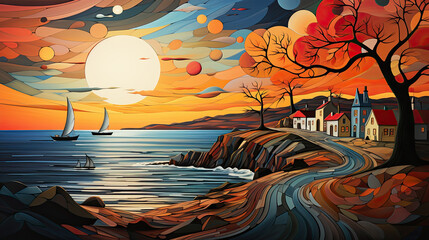 A painting of a sunset over the ocean. Generative AI.