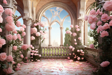illustration fantasy background wallpaper of beautiful rose flower at ancient palace garden yard - obrazy, fototapety, plakaty