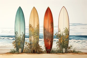 Fototapeten 4 Planches de surf vintage plantés dans le sable avec la mer en arriere plan, illustration, IA, génératif © jp