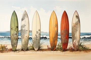 Fototapeten 4 Planches de surf vintage plantés dans le sable avec la mer en arriere plan, illustration, IA, génératif © jp