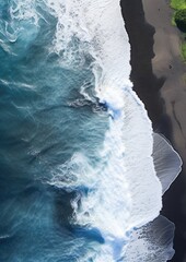 Fototapeta premium Black sand near blue clear water beach, travel destination aerial view, wallpaper. Generative Ai.