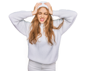 Young caucasian girl wearing wool sweater and winter cap suffering from headache desperate and stressed because pain and migraine. hands on head.