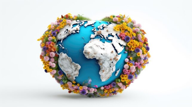 Earth with blooming flowers photo realistic illustration - Generative AI.