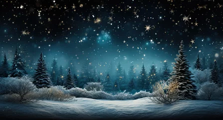 Fototapeten A snowy landscape with trees and stars in the sky. Generative AI. © tilialucida