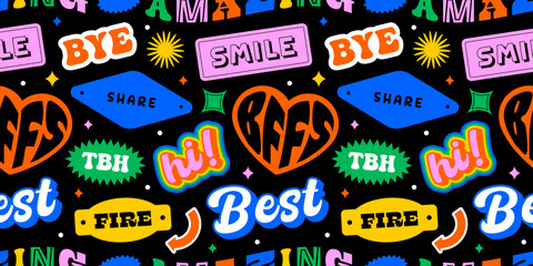 Funny retro text quote sticker seamless pattern. Colorful vintage style typography sign background. Fun repeat texture print with slang lettering, comic word icon.