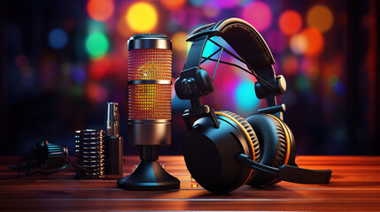 Retro style microphone and headphones on background. Generative Ai