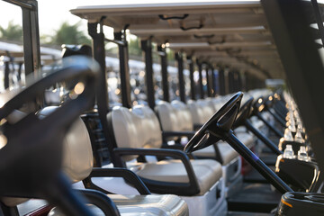 Focus steering wheel golf carts for golf player on golf course. golf course carts cars at luxury...