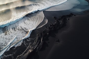Black sand near blue clear water beach, travel destination aerial view, wallpaper. Generative Ai.