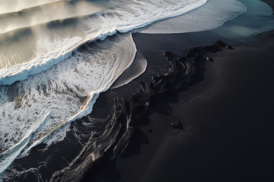Black sand near blue clear water beach, travel destination aerial view, wallpaper. Generative Ai. © annamaria