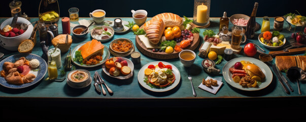 Fancy healthy breakfast spread on a big table, wide banner