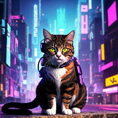 futuristic sci fi of neon cat at night city, generative AI
