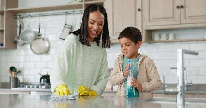 Cleaning, help and spray with mother and son for dust, sanitary and housekeeping. Learning, cleaner and hygiene with woman and child in family home for kitchen, maintenance and housework together