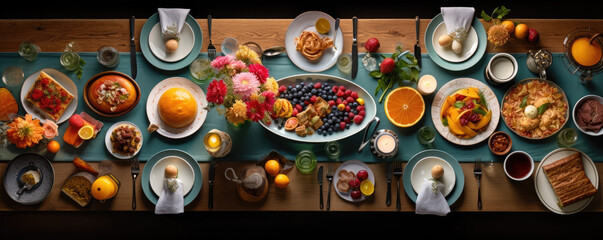 Fancy healthy breakfast spread on a big table, wide banner - obrazy, fototapety, plakaty