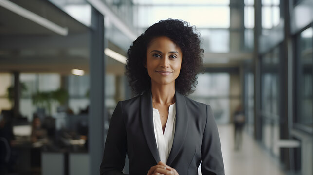 African-American Business Woman Standing In Open Plan Office, Portrait Of An 35-45 Years Old Indian Business Woman Smiling, Looking At Camera, Wearing A Gray Suit, Modern Office Setting, Generative AI