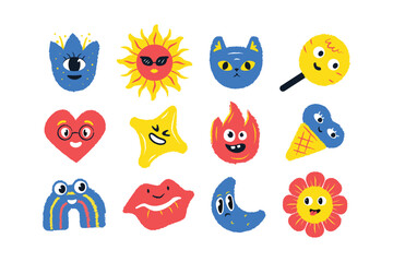 Obraz premium A bundle of multicolored textured characters in a primitive children's style with different emotions. Hand drawn doodle illustration.