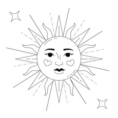 Celestial mystical illustration of the sun with a face. Monochrome contour artwork for tattoo, branding, print.