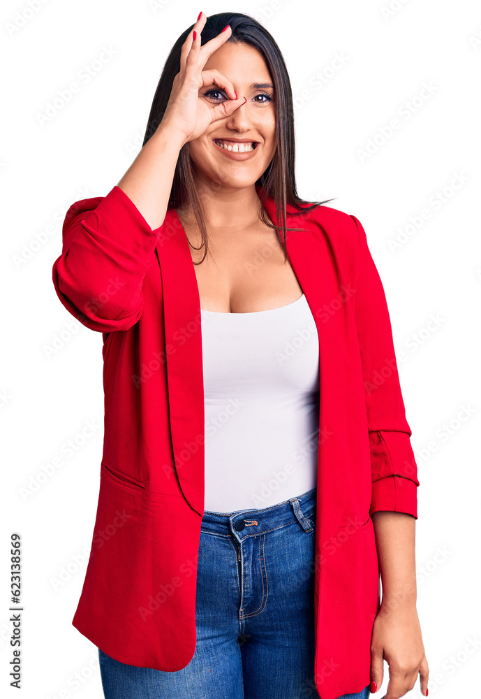 Sticker young beautiful brunette woman wearing elegant clothes doing ok gesture with hand smiling, eye looki