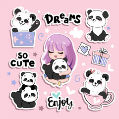 Cute collection stickers with cartoon anime girl and panda toys. Vector illustration print for t-shirt. Concept birthday